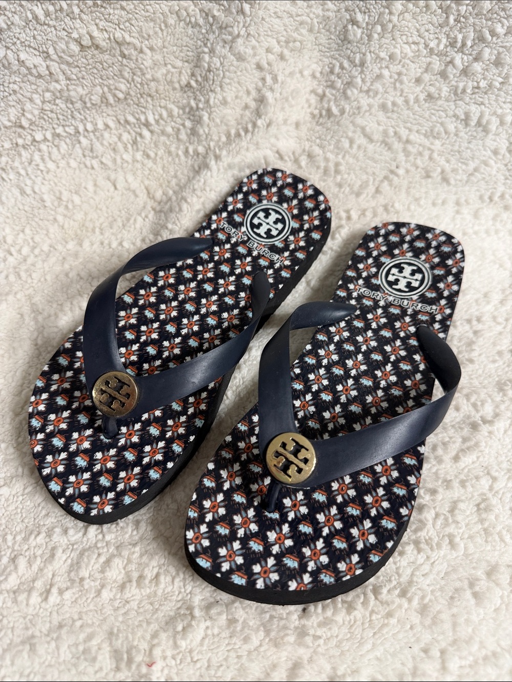 Tory Burch Navy Floral Logo Thong Sandals with Gold Medallions